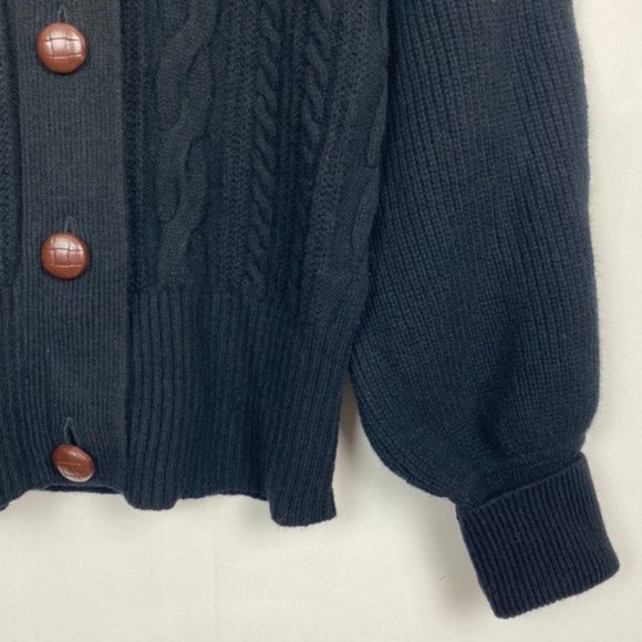 NWT J.Crew M Cardigan Cable Knit Black & Brown Faux Leather Buttons Lamb… - Picture 10 of 12